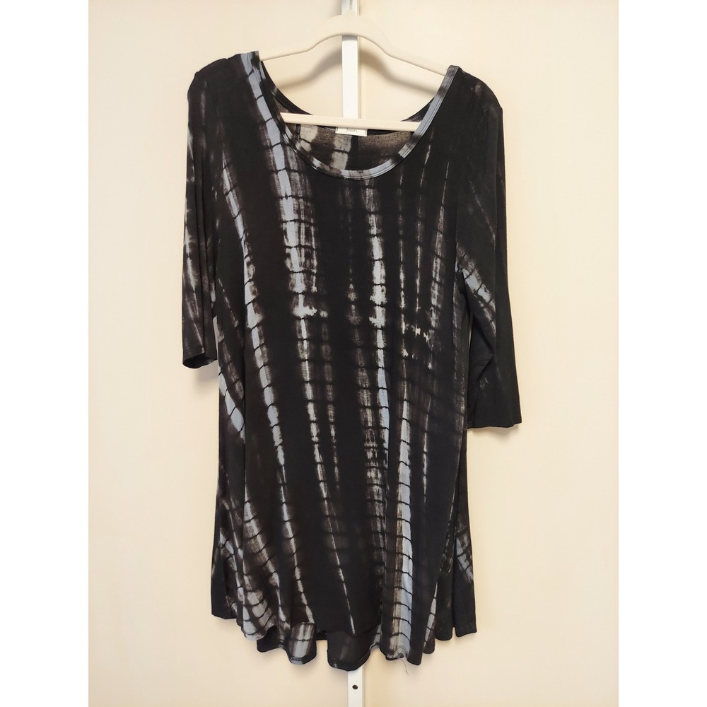 Jodifl Womens Black Blue Tie Dye Tunic Top 3/4 Sleeve Scoop Neck S Boho Grunge